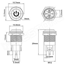 V12PMH-WH / Vandálbiztos nyomógomb, Ø12mm, 12...24V AC/DC fehér LED power szimbólum, SPST, OFF-(ON), 1 stabil pozíció, IP65