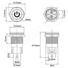 V12PLF-RD / Vandálbiztos nyomókapcsoló, Ø12mm, 12...24V AC/DC piros LED power szimbólum, SPST, OFF-ON, 2 stabil pozíció, IP65
