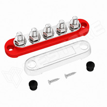 BB150-T5M6-5P-RD / Elosztó blokk (DC bus-bar), 5xM6, Műanyag fedéllel, 48V/150A DC, 300V/130A AC, piros