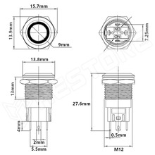 V12RLF-YO / Vandálbiztos nyomókapcsoló, Ø12mm, 12...24V AC/DC sárga LED gyűrű, SPST, OFF-ON, 2 stabil pozíció, IP65