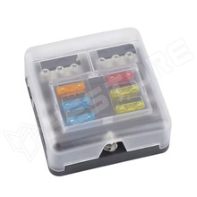 FUSEBOX-2POL-2X3-6W / Univerzális késes biztosítéktartó blokk, LED-es hibajelzéssel, biztosítékokkal, negatív pólussal,  6 (2x3) irányú