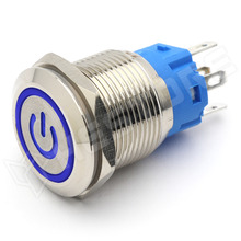 V19PMF-BL / Vandálbiztos nyomógomb, Ø19mm, 12...24V AC/DC kék LED power szimbólum, SPDT, ON-(ON), 1 stabil pozíció, IP65