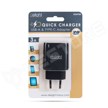 55047BK / Hálózati Adapter USB + Type-C PD20W gyorstöltéssel - fekete (55047BK / DELIGHT)